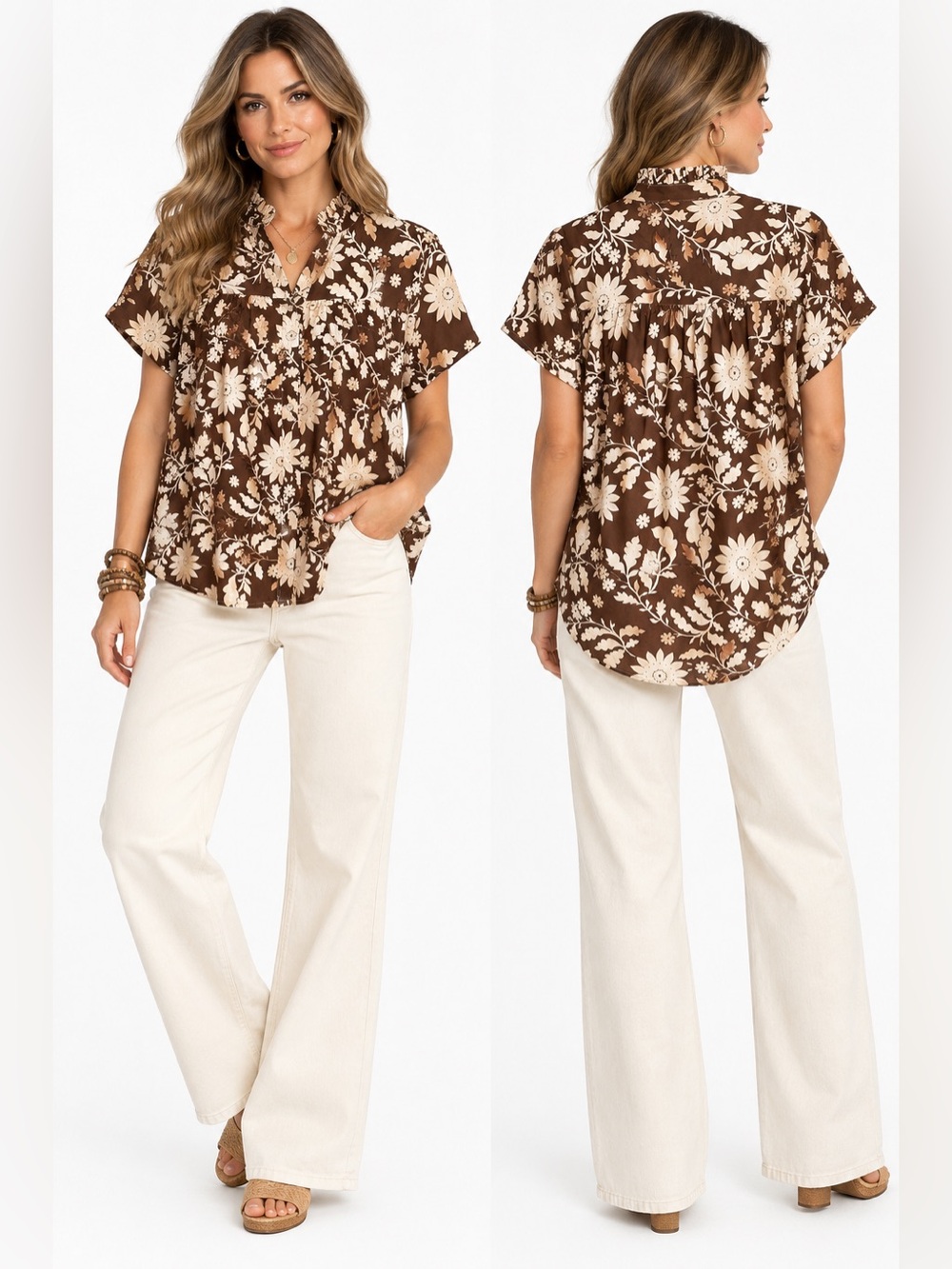 Women's Brown Floral Short-Sleeve‎ Blouse - Handcrafted in Italy one size